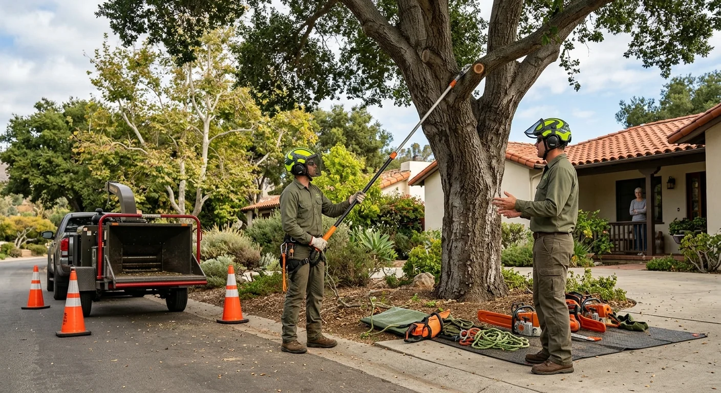 Tree crew clearing overgrown brush from a Carpinteria residential property line
