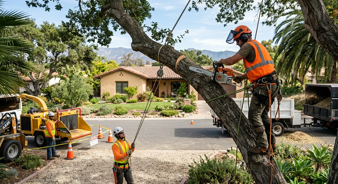 Crew clearing overgrown brush along a hillside property edge in Carpinteria