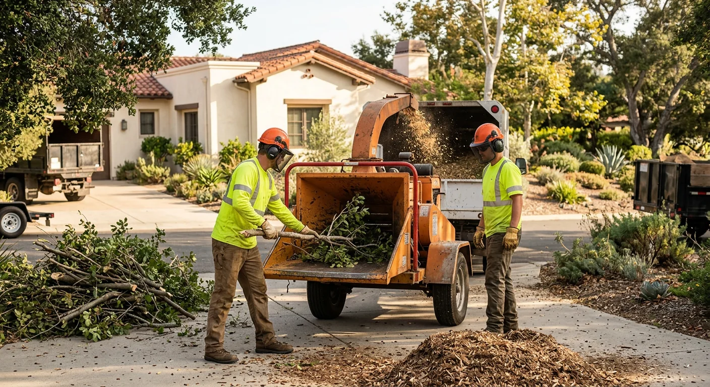 Wood chipper processing cut brush into mulch on a residential Carpinteria property