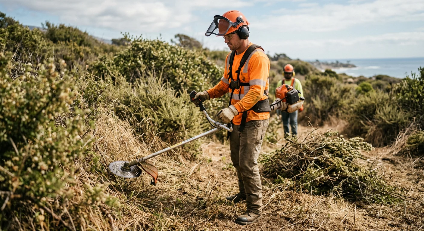 Technician in safety gear using a brush cutter on thick coastal vegetation