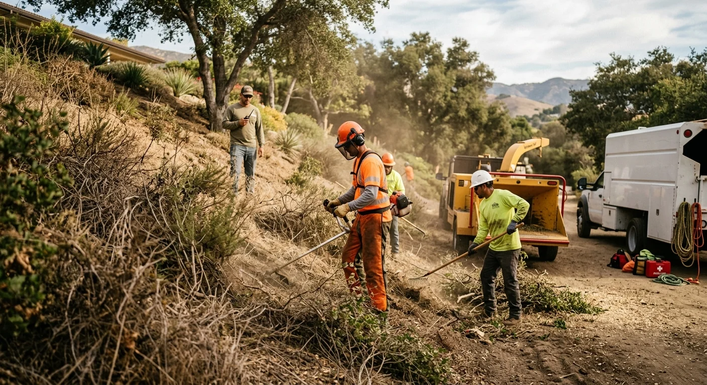 Tree crew clearing dry brush along a Carpinteria hillside property edge