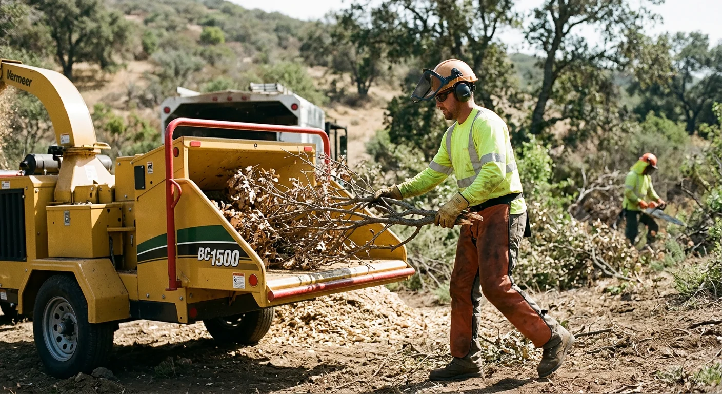 Technician feeding cut brush into a chipper during defensible-space clearing work