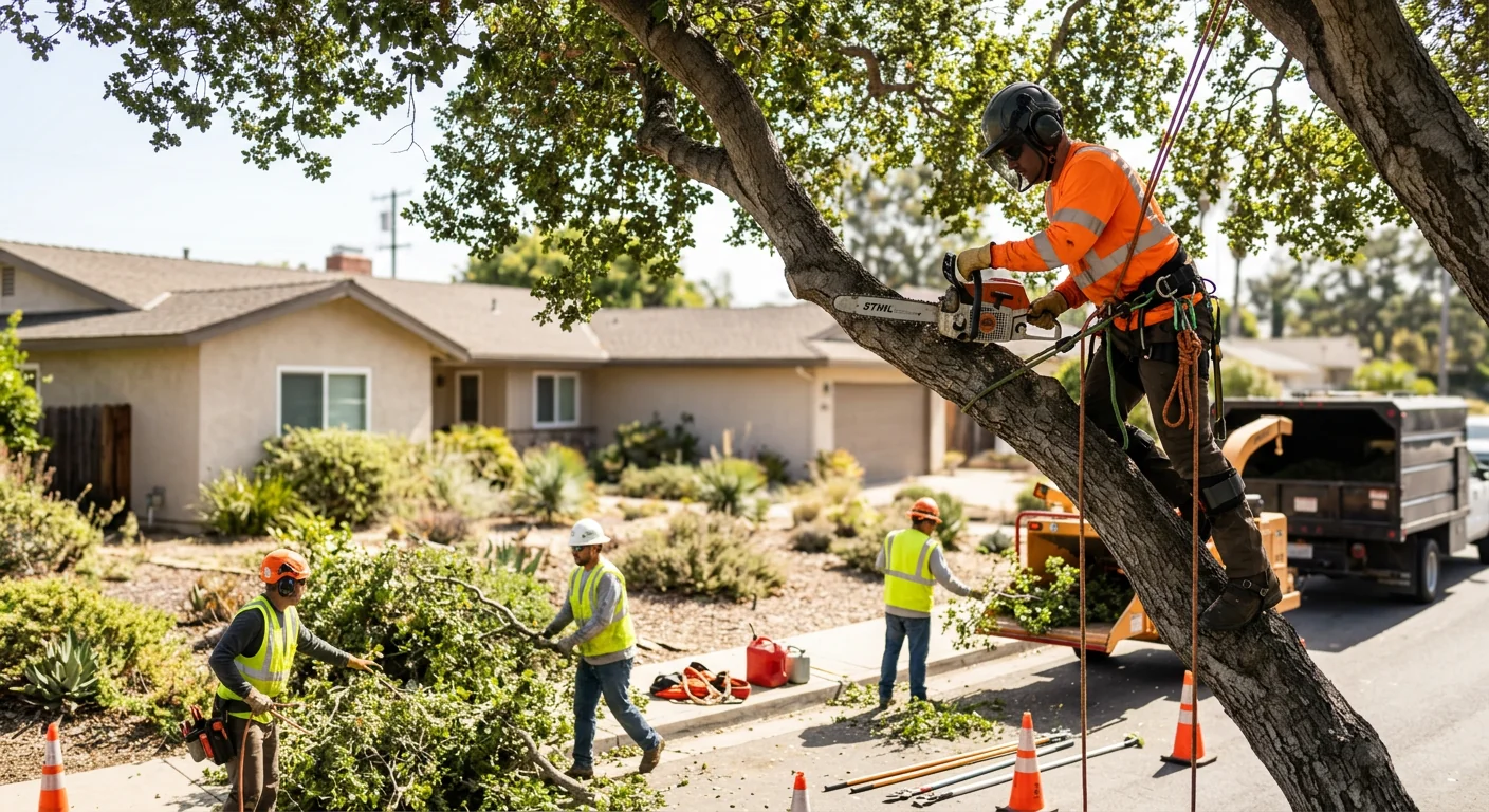 Crane lifting a large tree section above a Carpinteria backyard during removal