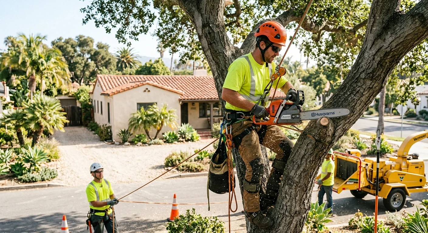 Crane lifting a large removed tree section above a residential yard in Carpinteria