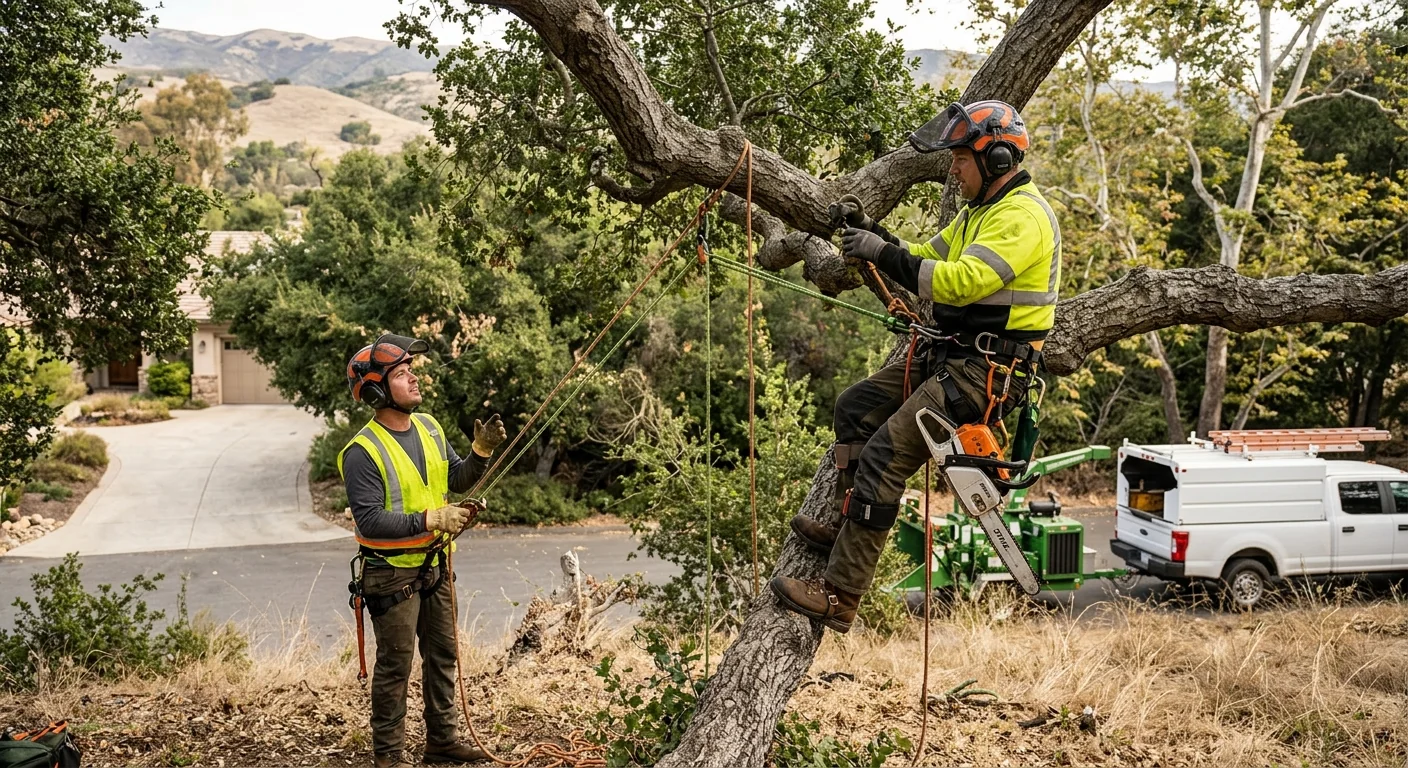 Mobile crane lifting a large tree section over a Carpinteria backyard