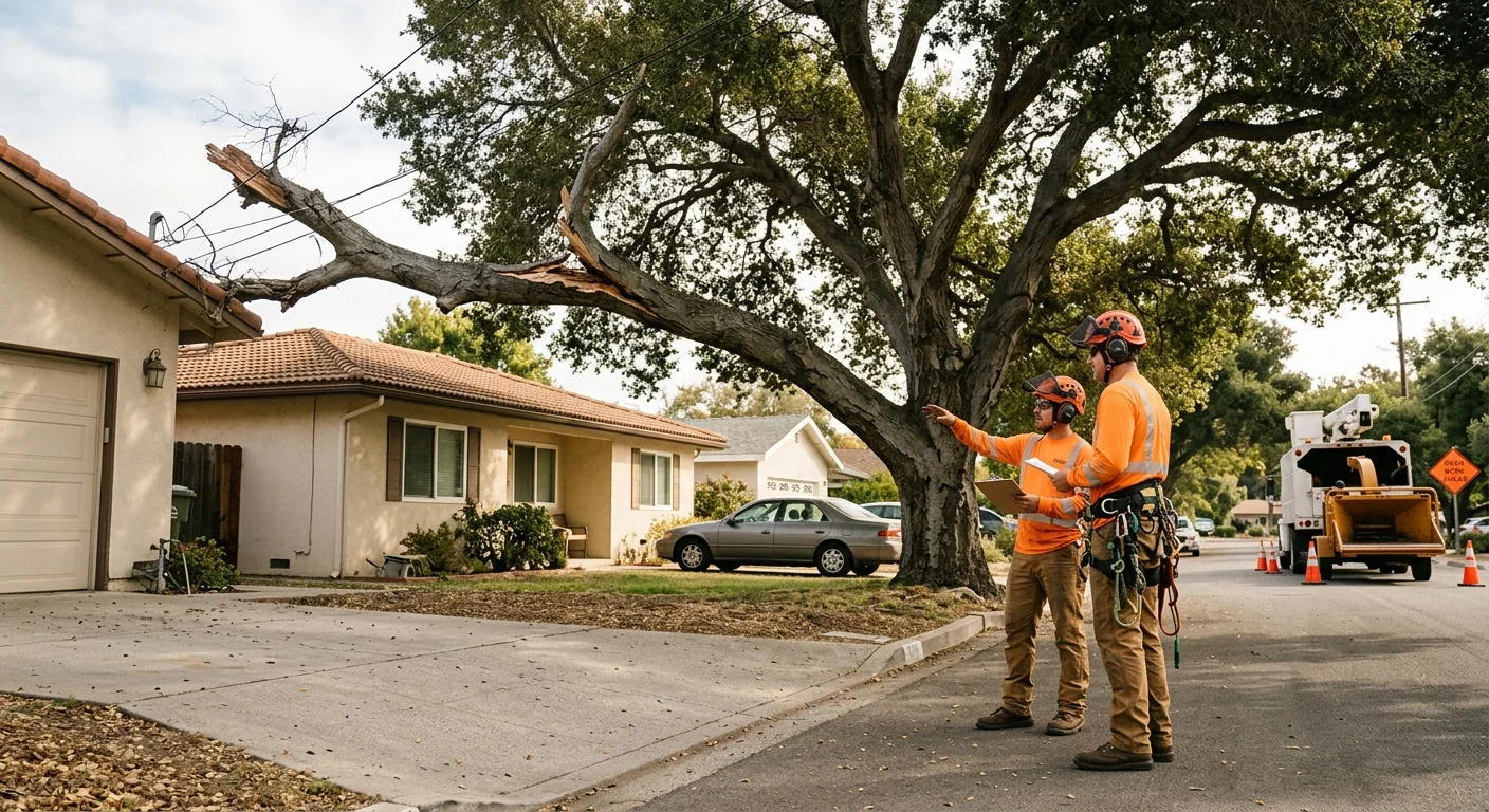 Leaning storm-damaged tree overhanging a Carpinteria home before crane removal