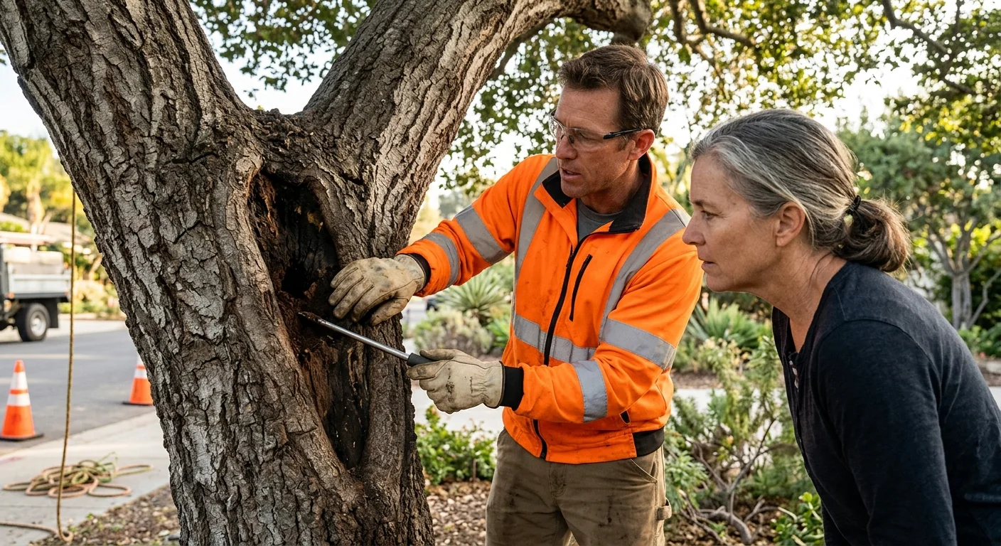 Arborist assessing decayed trunk and root heave on a residential lot