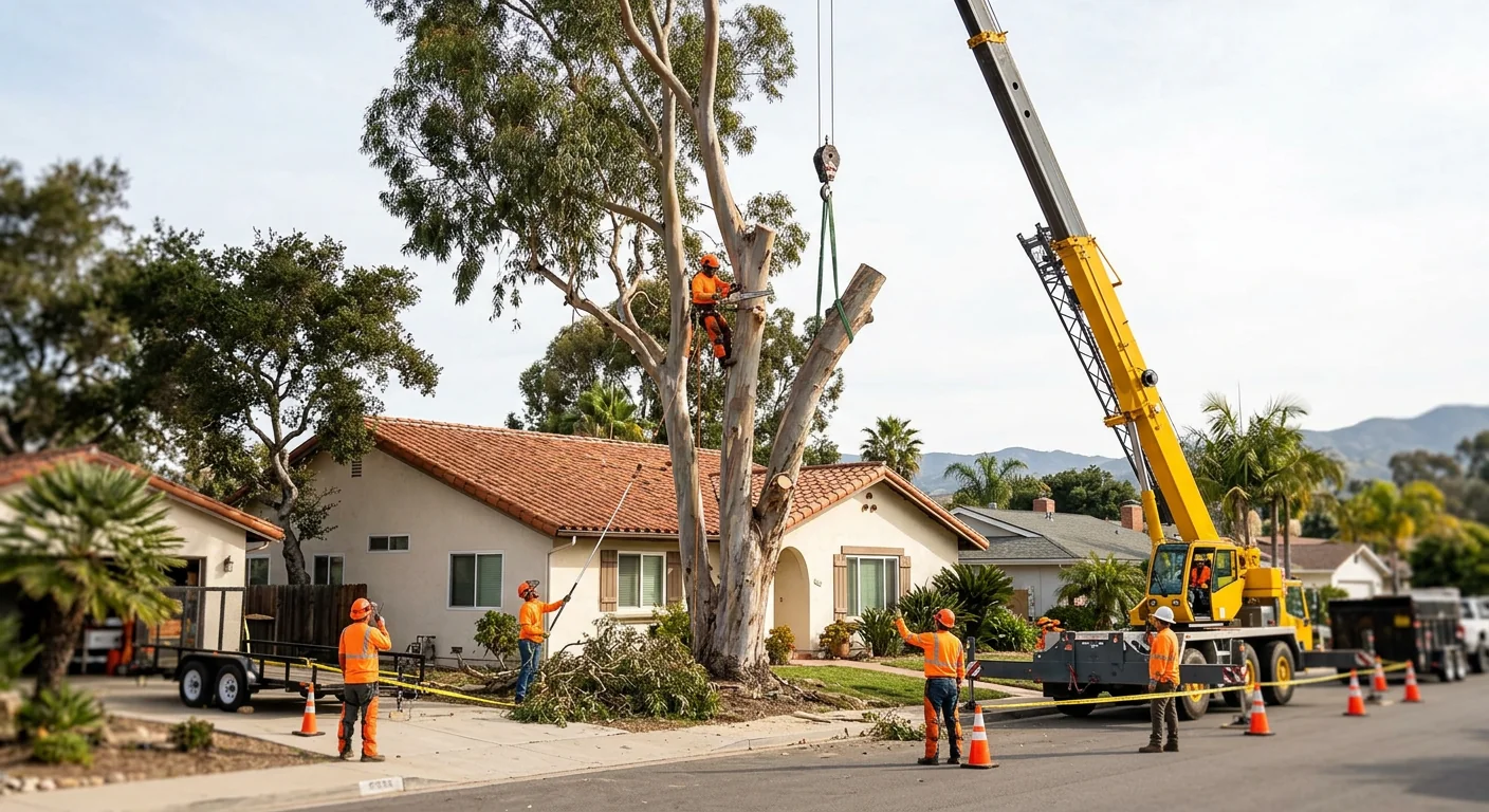 Crane boom reaching over a rooftop to remove a tall eucalyptus in Carpinteria