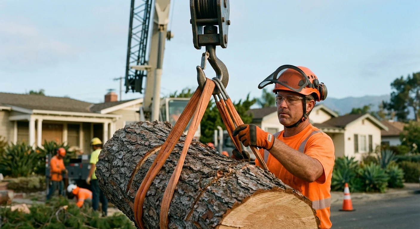 Close-up of rigging straps securing a heavy tree section before the crane lift