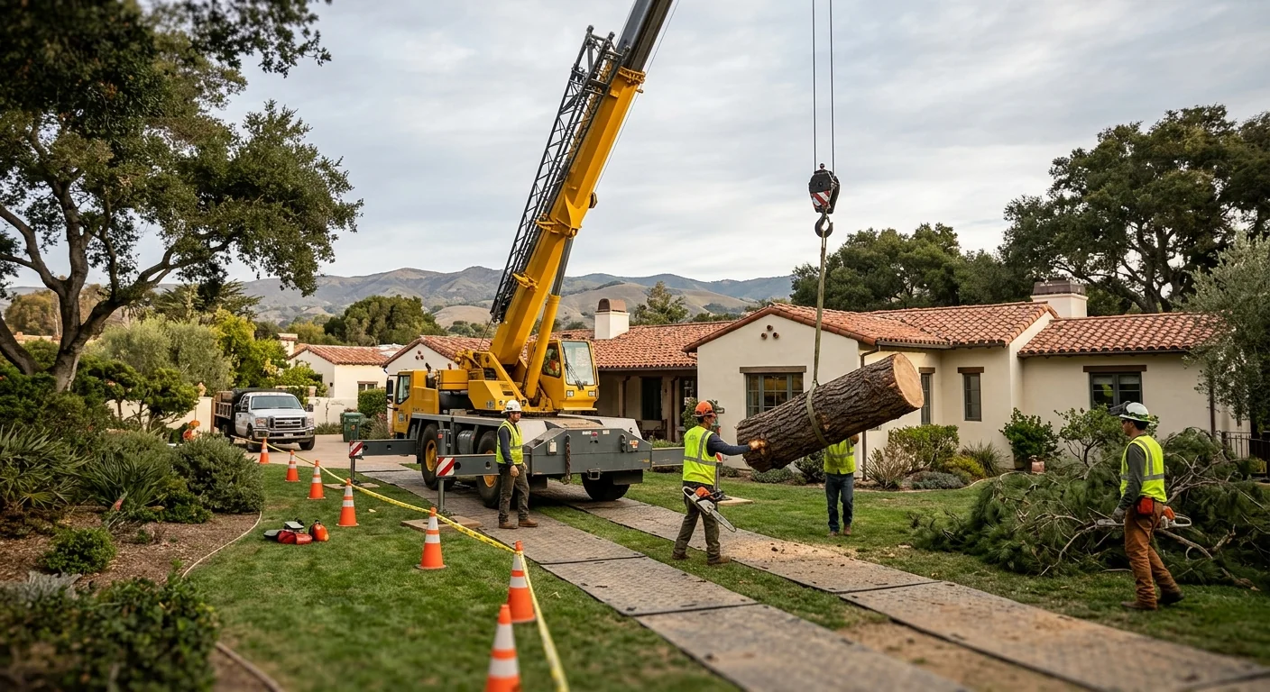 Wide shot of a crane staged in a residential Carpinteria backyard during removal
