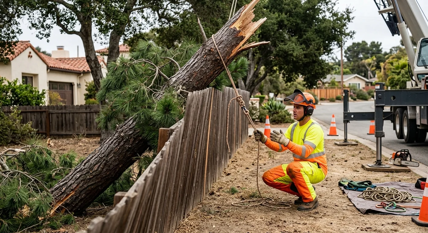 Storm-damaged pine leaning against a fence before crane removal begins