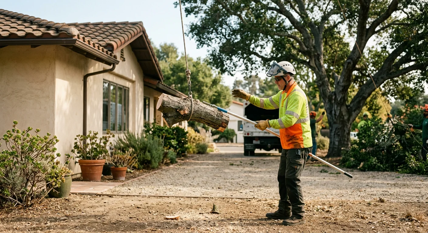 Technician guiding a lifted limb section safely away from a home