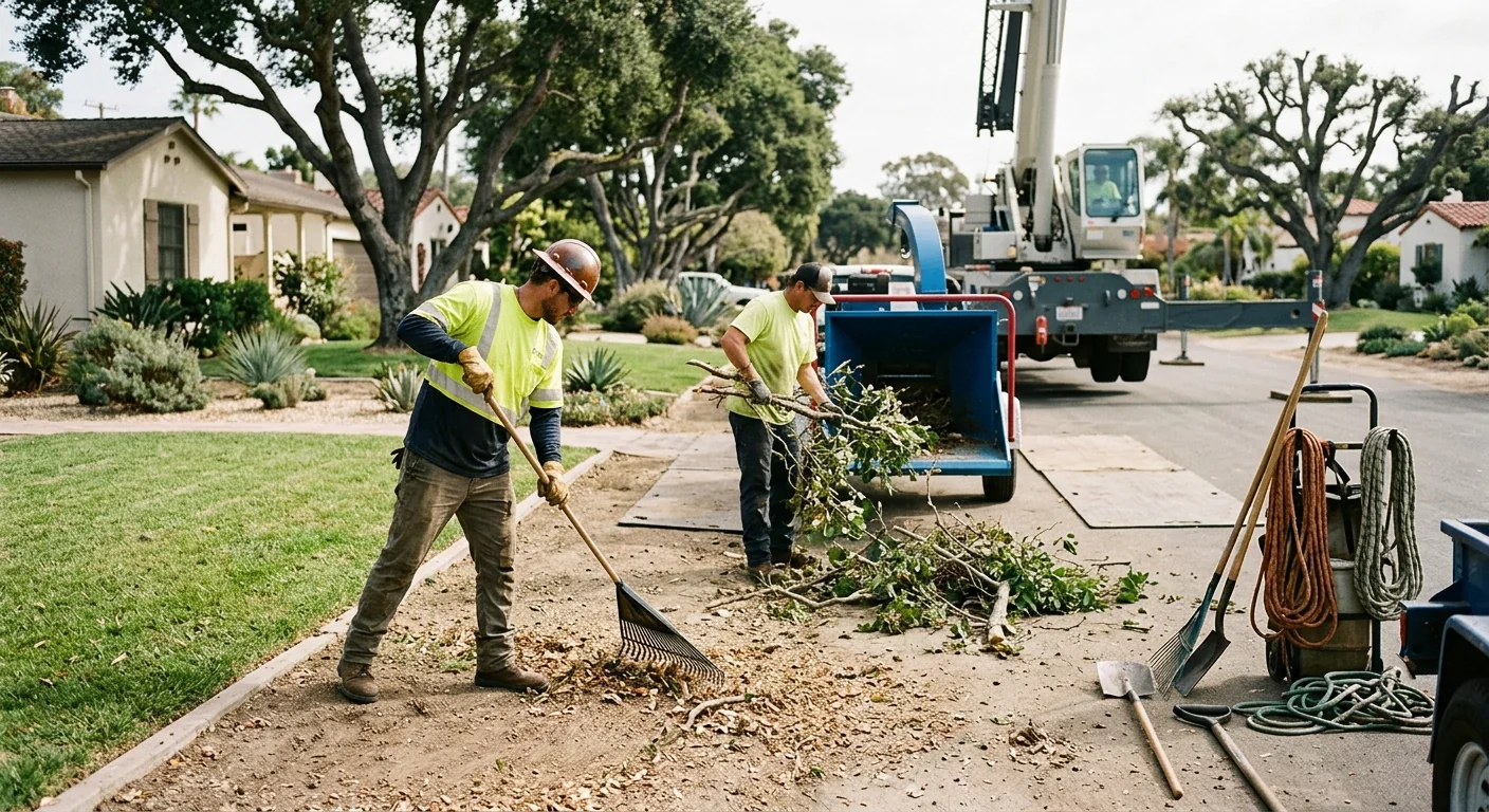 Ground crew clearing branches and raking the site after crane tree removal
