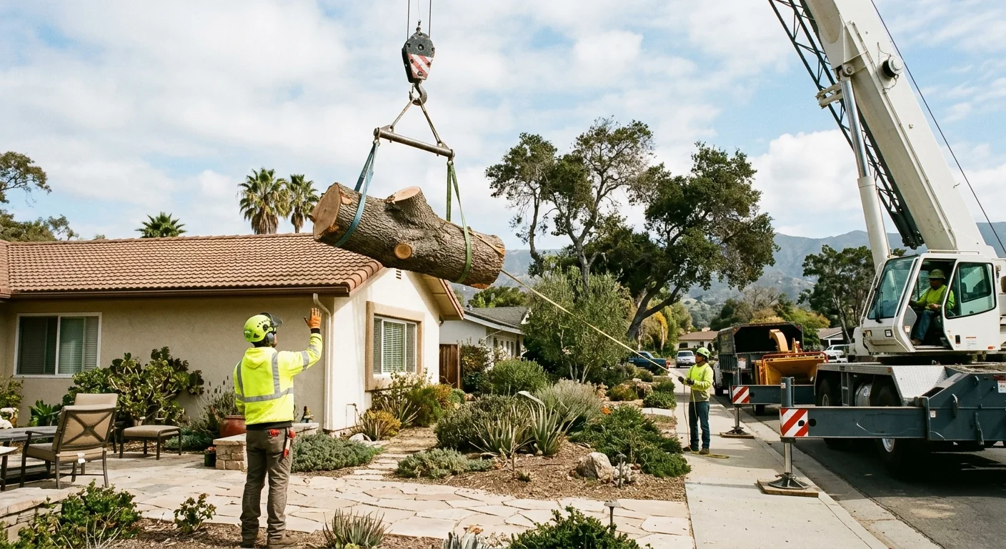 Crane lifting a large tree section over a Carpinteria backyard during removal