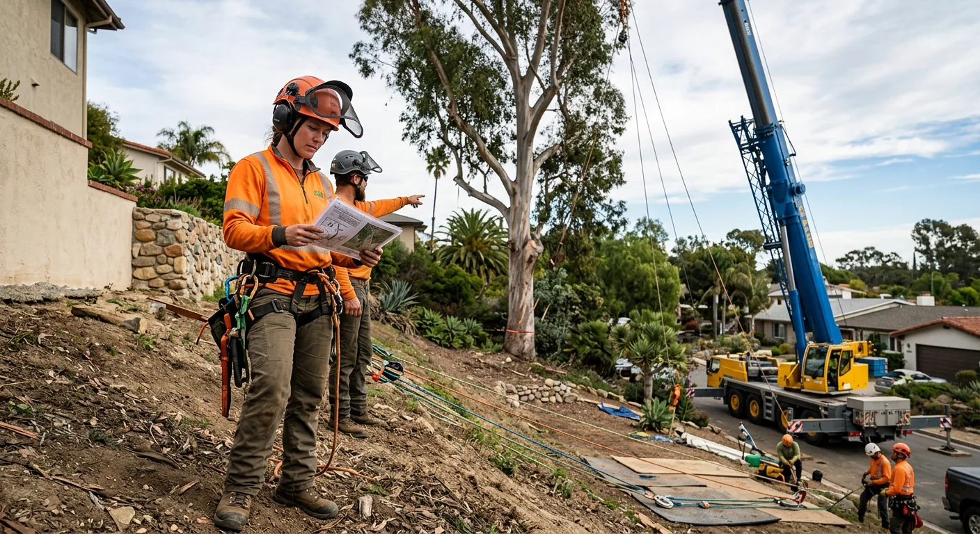 Trained technician reviewing rigging plan before crane tree removal on a sloped lot