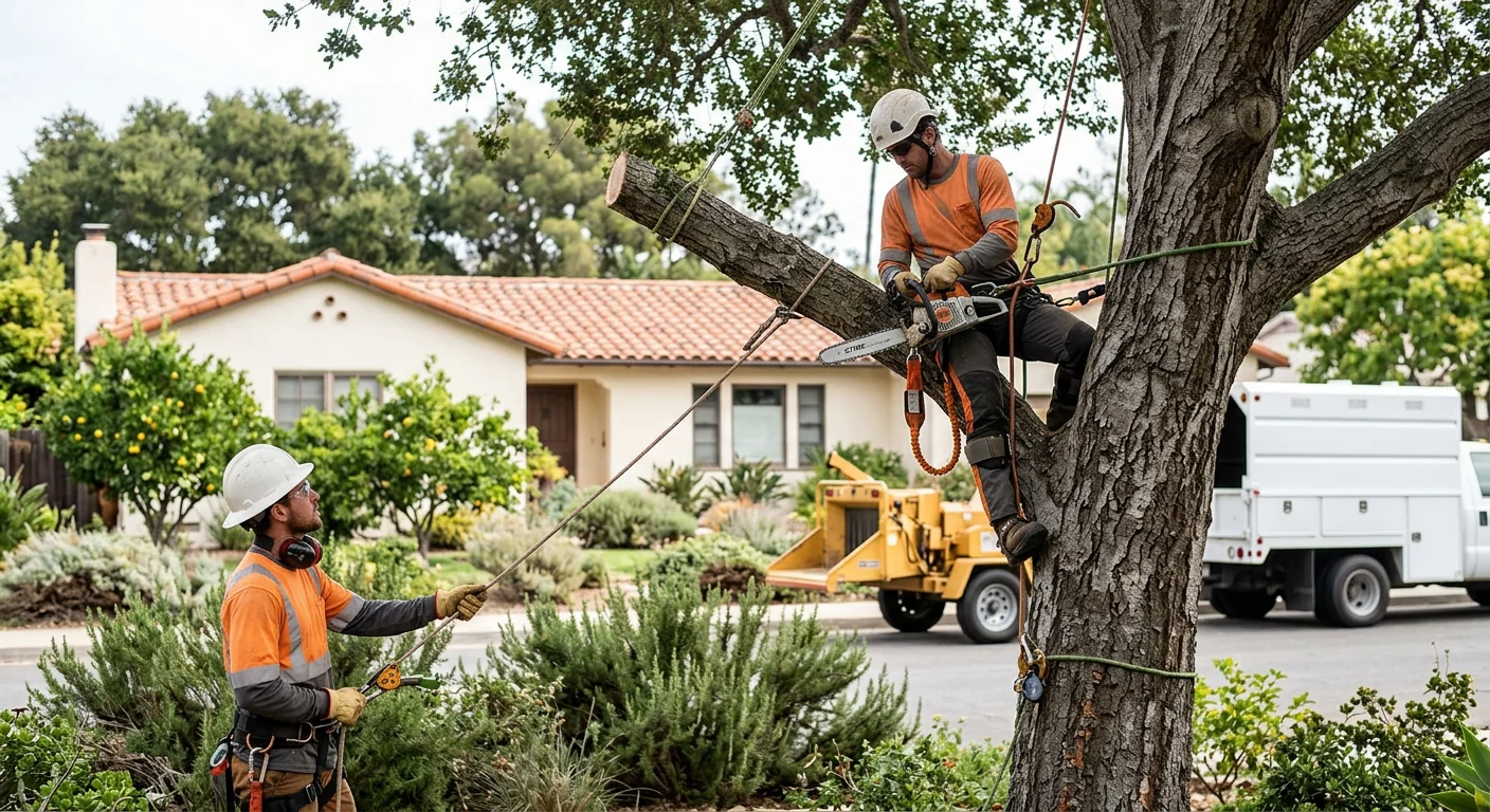 Arborist assessing a storm-damaged tree beside a Carpinteria home before emergency removal