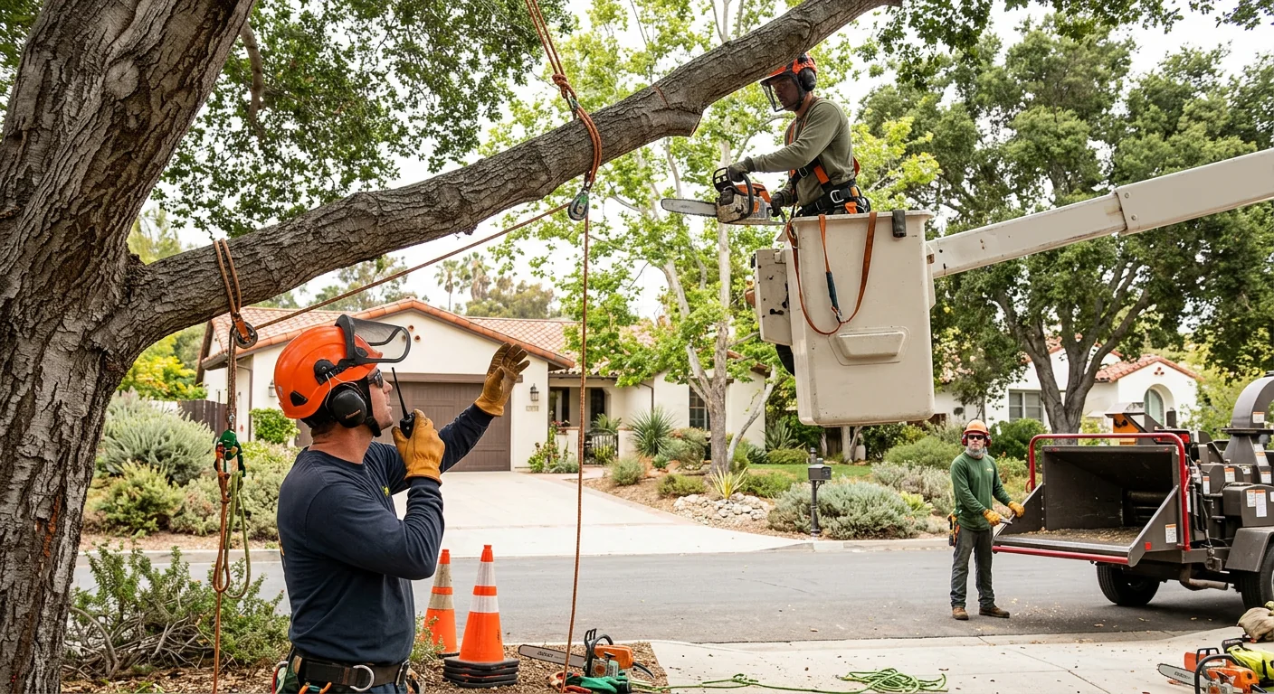 Tree crew responding to a storm-damaged tree at a Carpinteria home