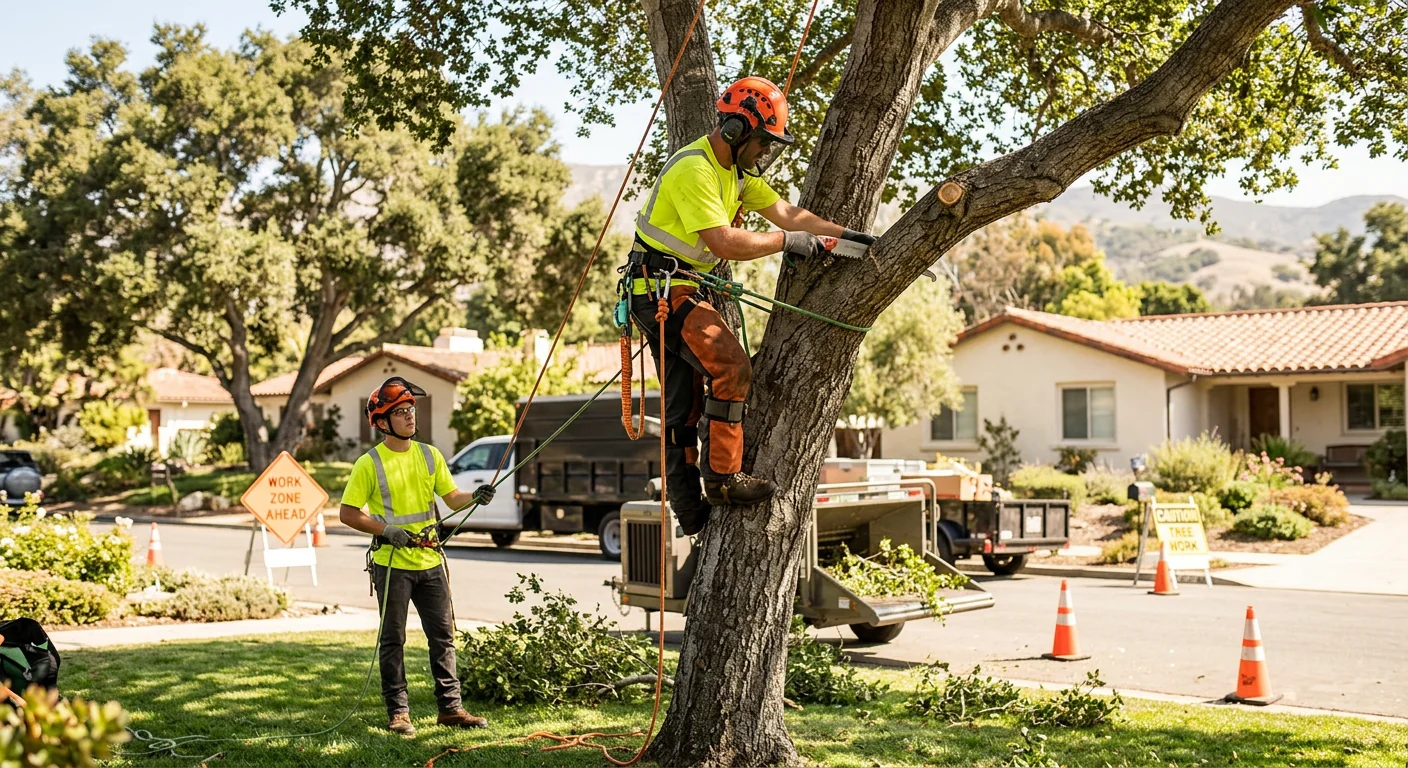 Crew clearing a storm-damaged tree from a Carpinteria home yard