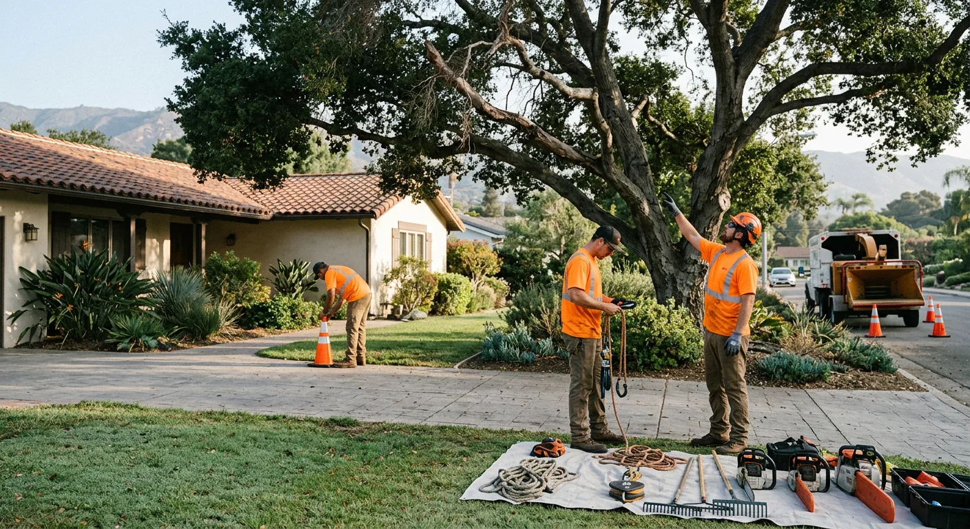 Split tree trunk leaning toward a Carpinteria home after a storm