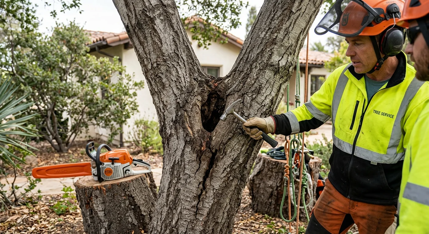 Technician inspecting an uprooted tree near a residential fence line