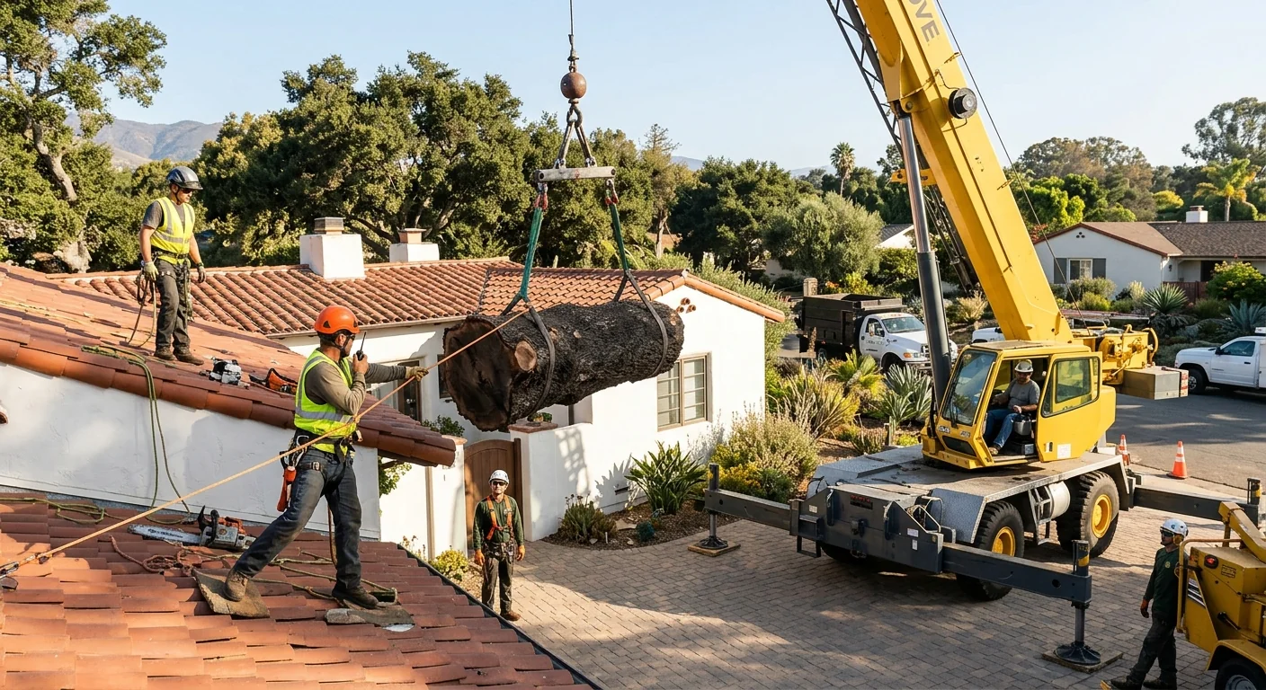 Crane lowering a large trunk section away from a home roofline