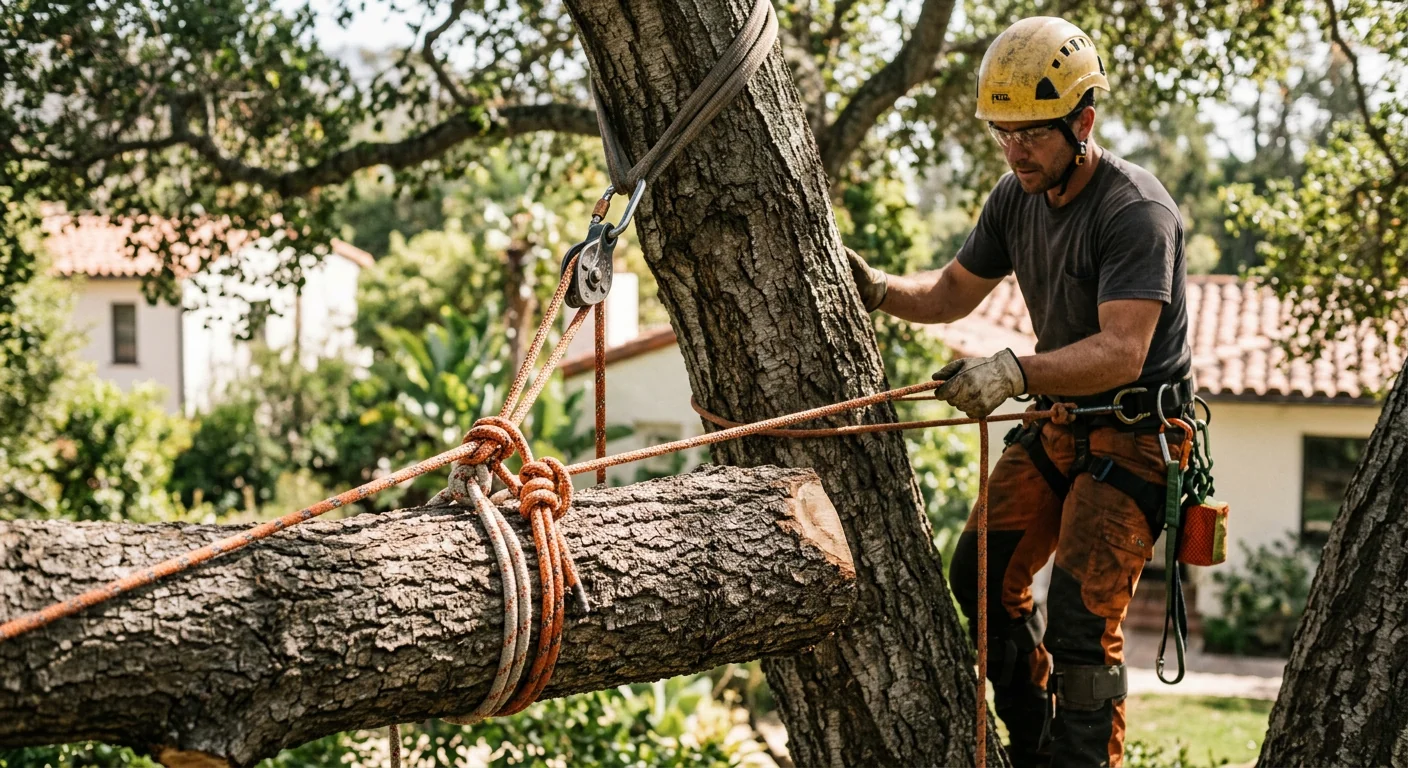 Close-up of a rigging line securing a heavy limb during controlled removal