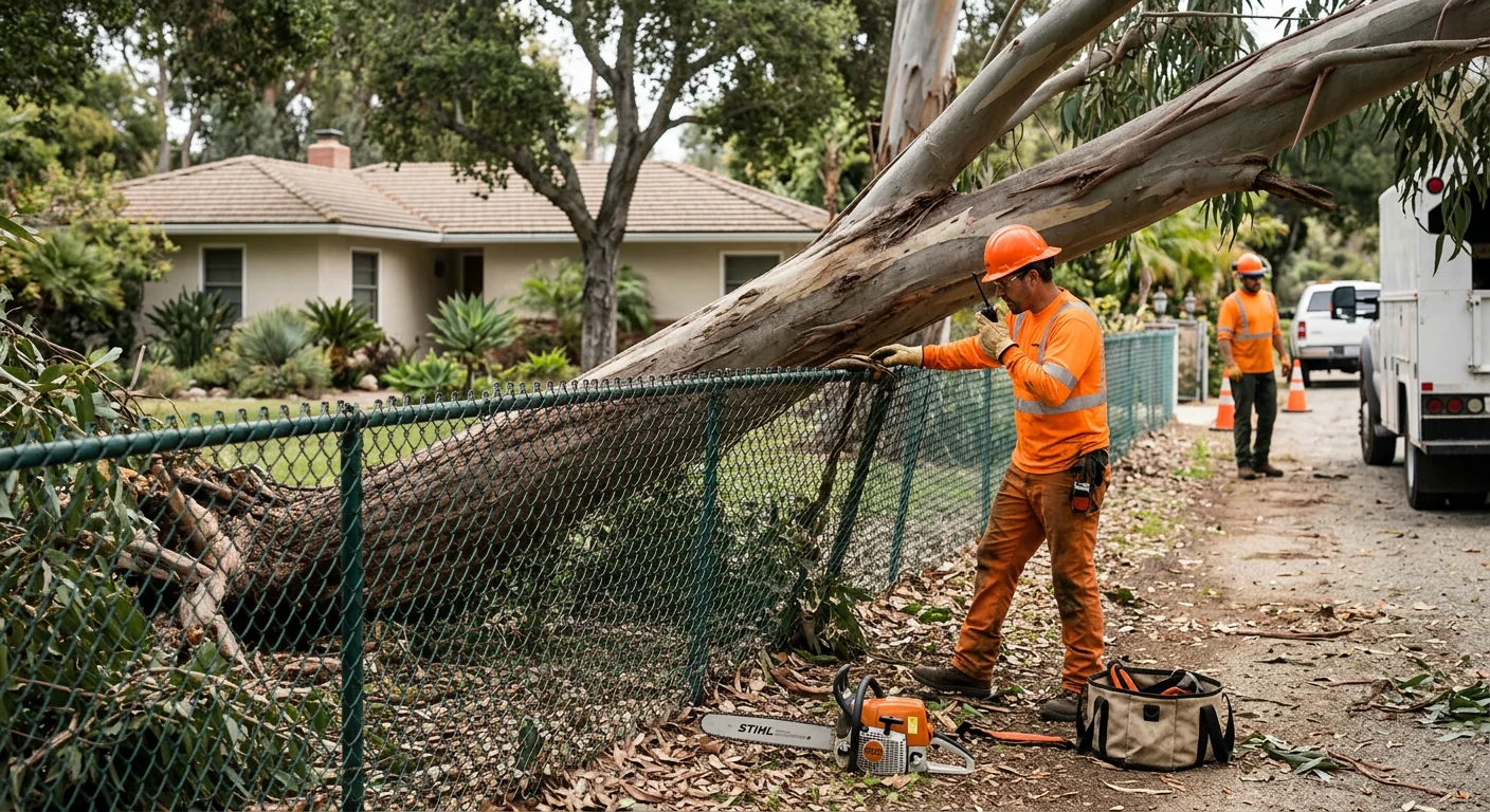 Wind-toppled eucalyptus leaning against a fence before emergency cleanup