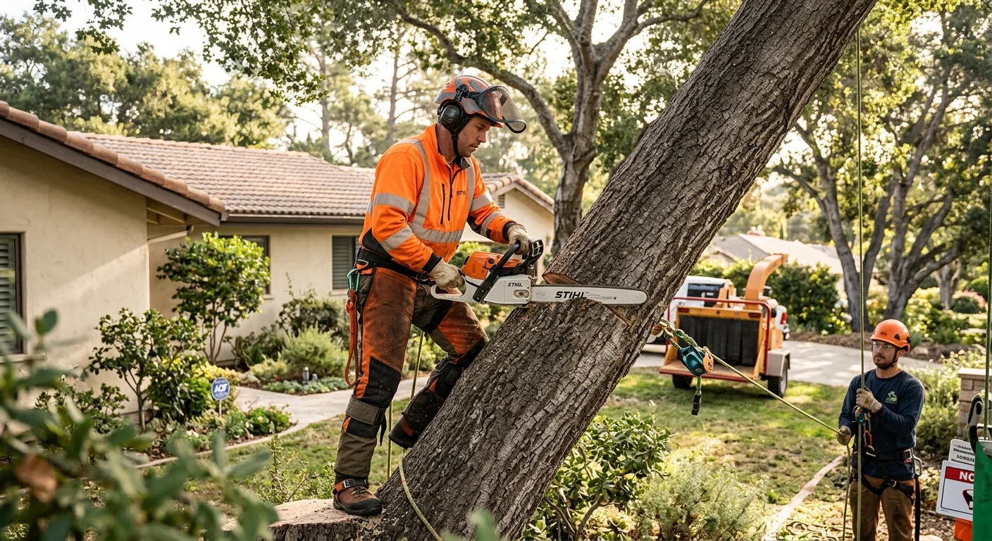 Trained technician making a controlled cut on a hazardous leaning trunk