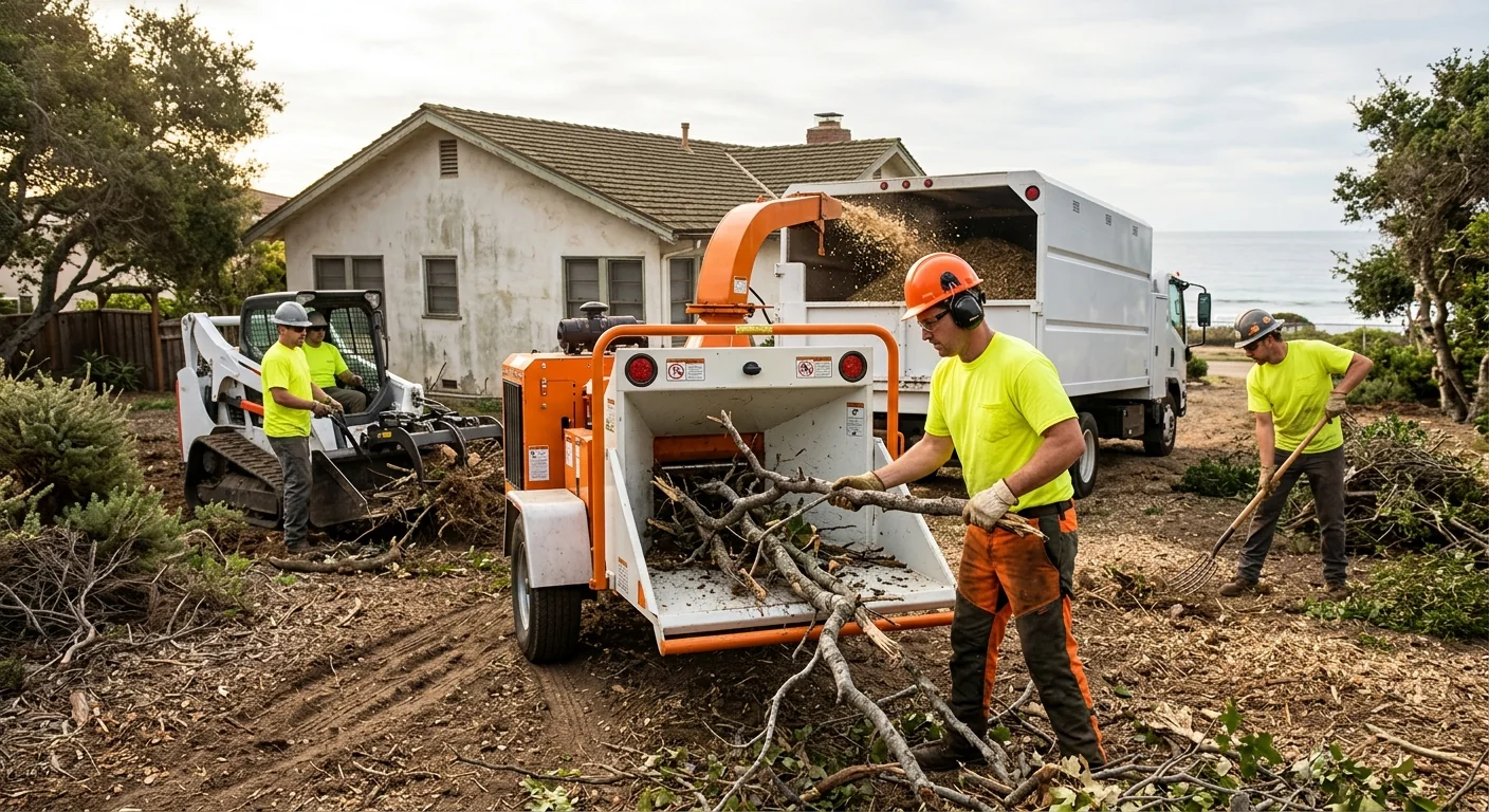 Crew chipping storm debris and brush in a cleared coastal backyard