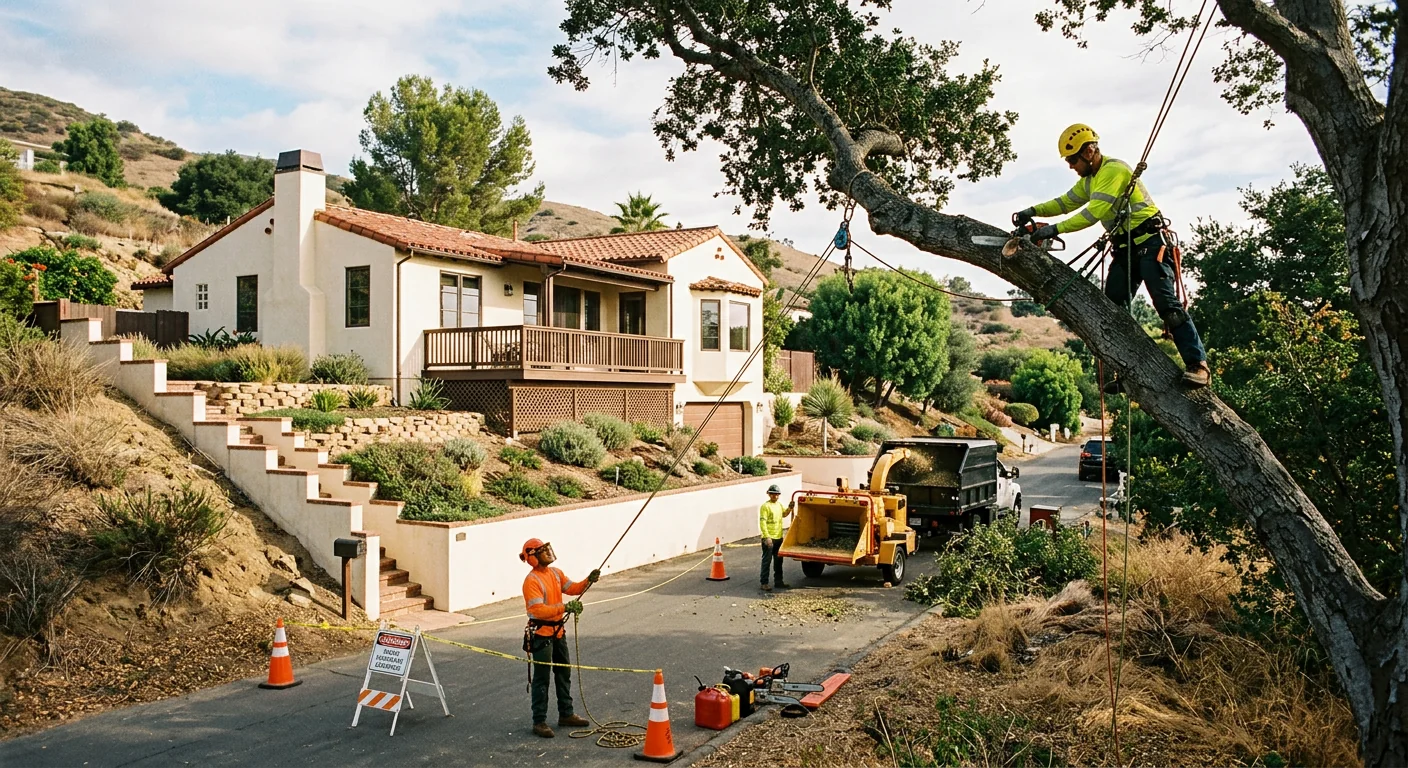 Wide shot of a secured work zone beside a hillside home in Carpinteria