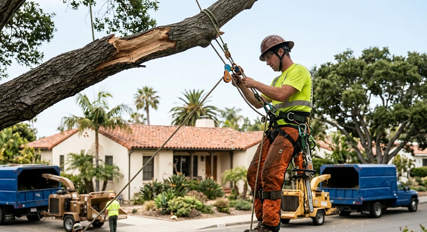 Trained arborist rigging a storm-damaged tree limb over a Carpinteria home