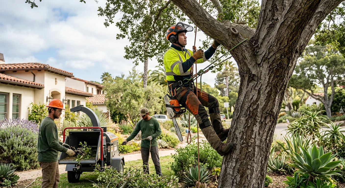 Arborist assessing a leaning hazardous tree near a home in Carpinteria