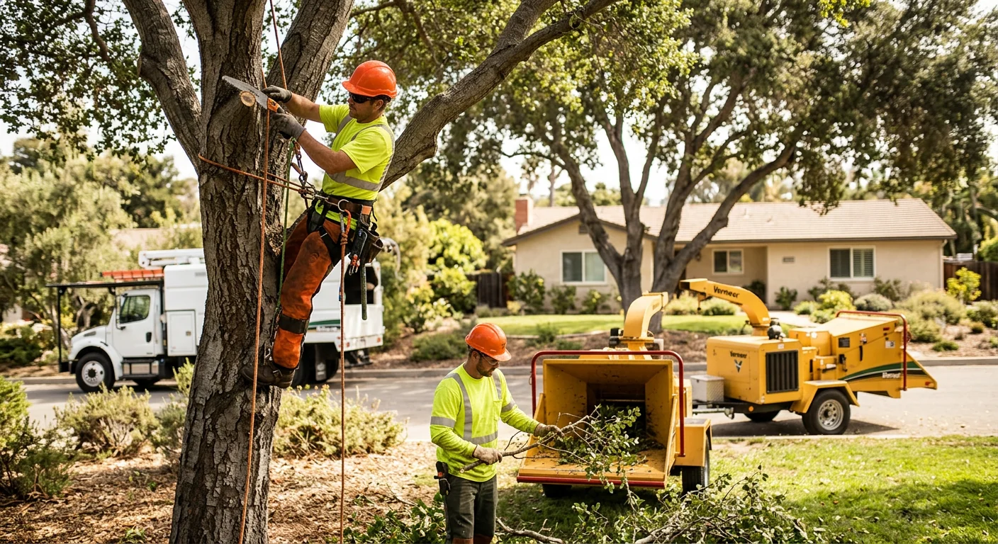 Trained crew safely removing a hazardous leaning tree beside a Carpinteria home