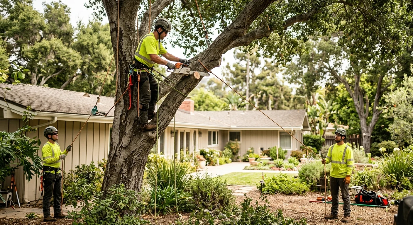 Trained crew safely dismantling a leaning hazardous tree near a Carpinteria home