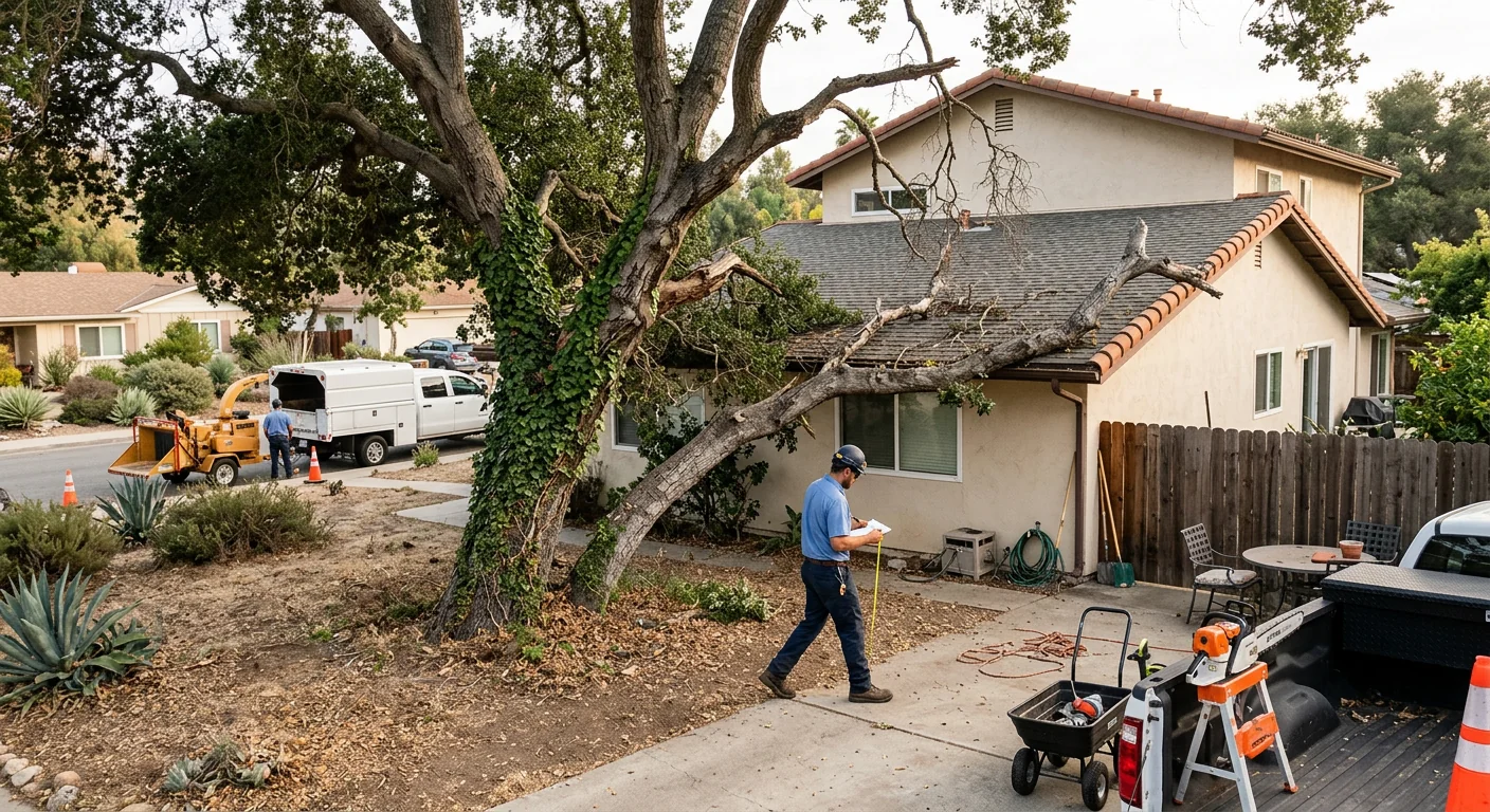 Leaning tree with exposed root plate threatening a Carpinteria backyard fence