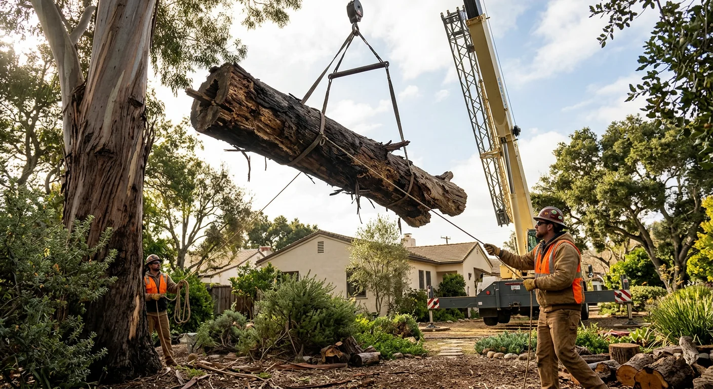 Crane lowering a large decayed eucalyptus section over a Carpinteria backyard