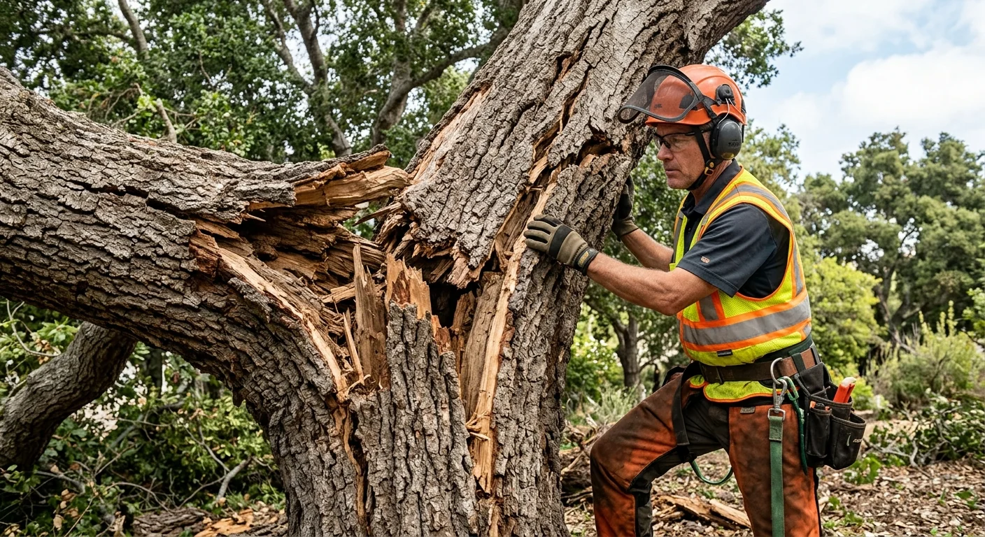 Close-up of a cracked oak trunk showing storm damage before removal