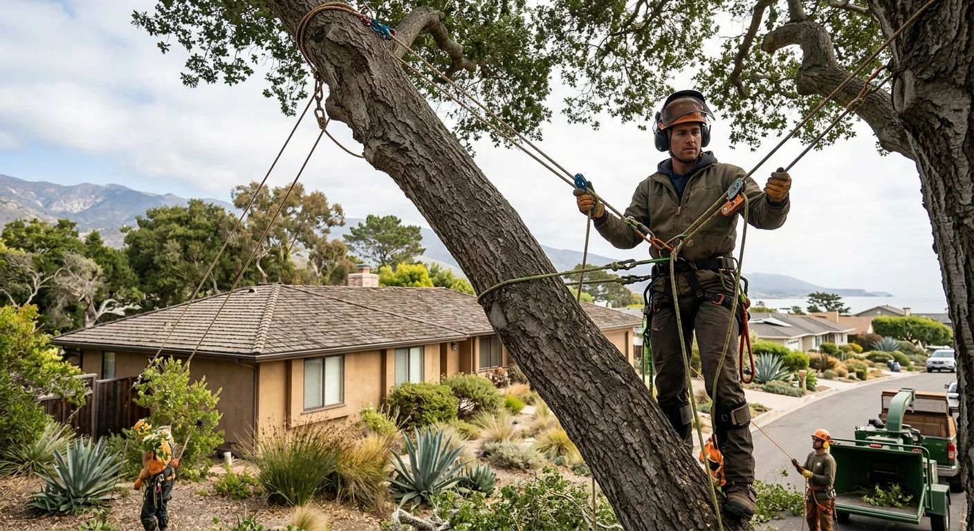 Arborist rigging ropes high in a leaning tree near a coastal home