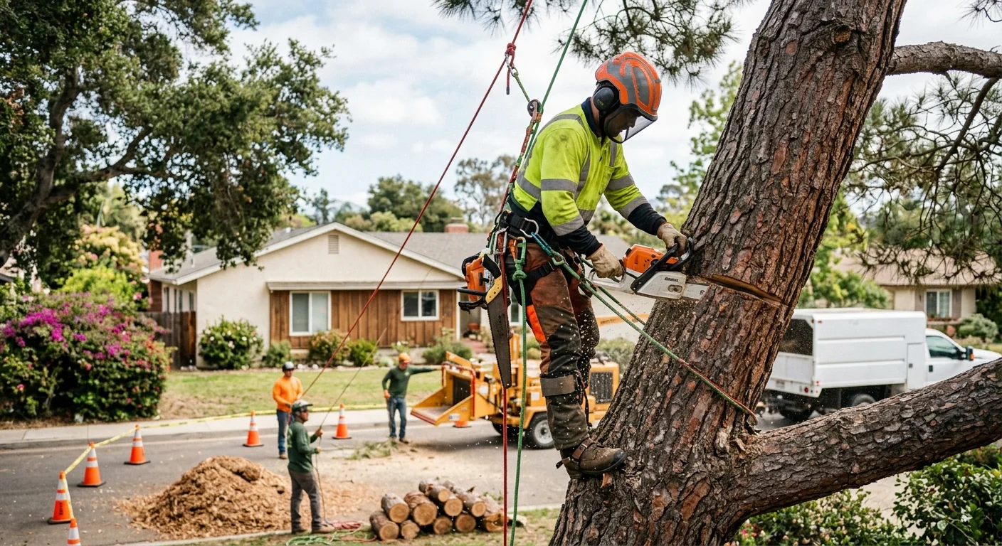 Technician making a controlled sectional cut on a hazardous pine