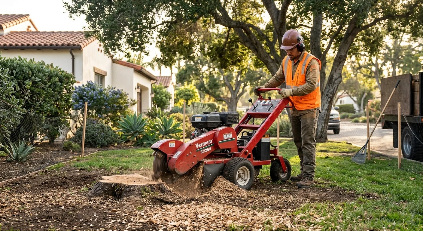 Stump grinder finishing work where a removed tree once stood