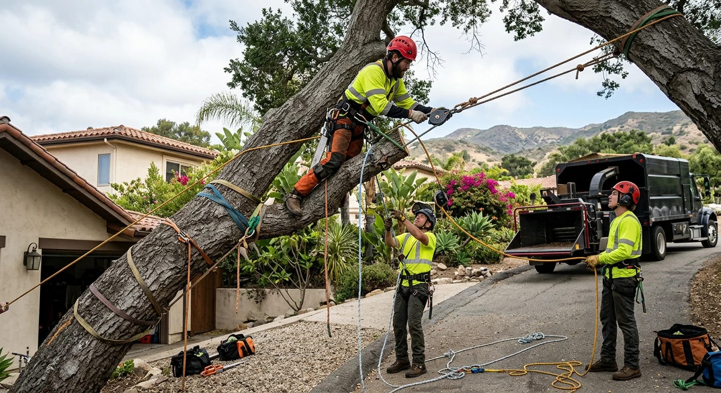 Trained technicians rigging a hazardous leaning tree for safe removal in Carpinteria