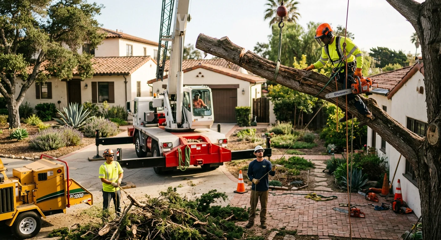 Crane-assisted sectional dismantling of a decayed tree near a Carpinteria home