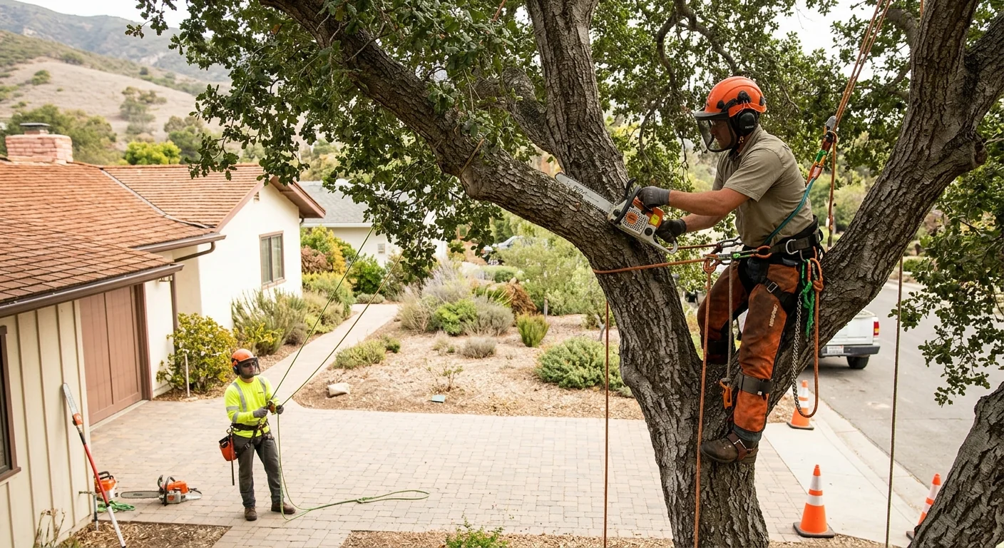 Crew clearing overgrown brush and trees on a Carpinteria hillside lot