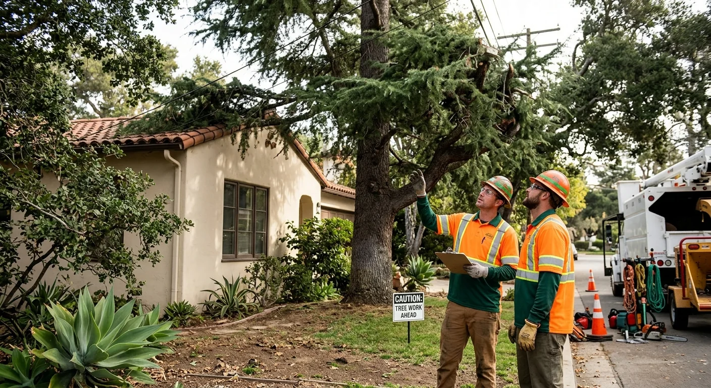 Overgrown Carpinteria lot with dense brush and dead trees before clearing