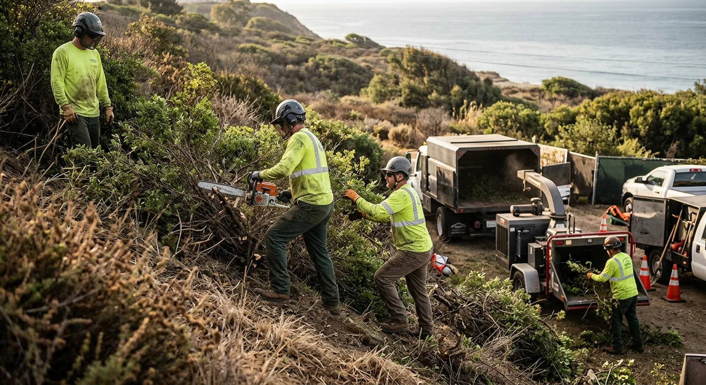Crew removing dense brush from a sloped hillside parcel near the coast