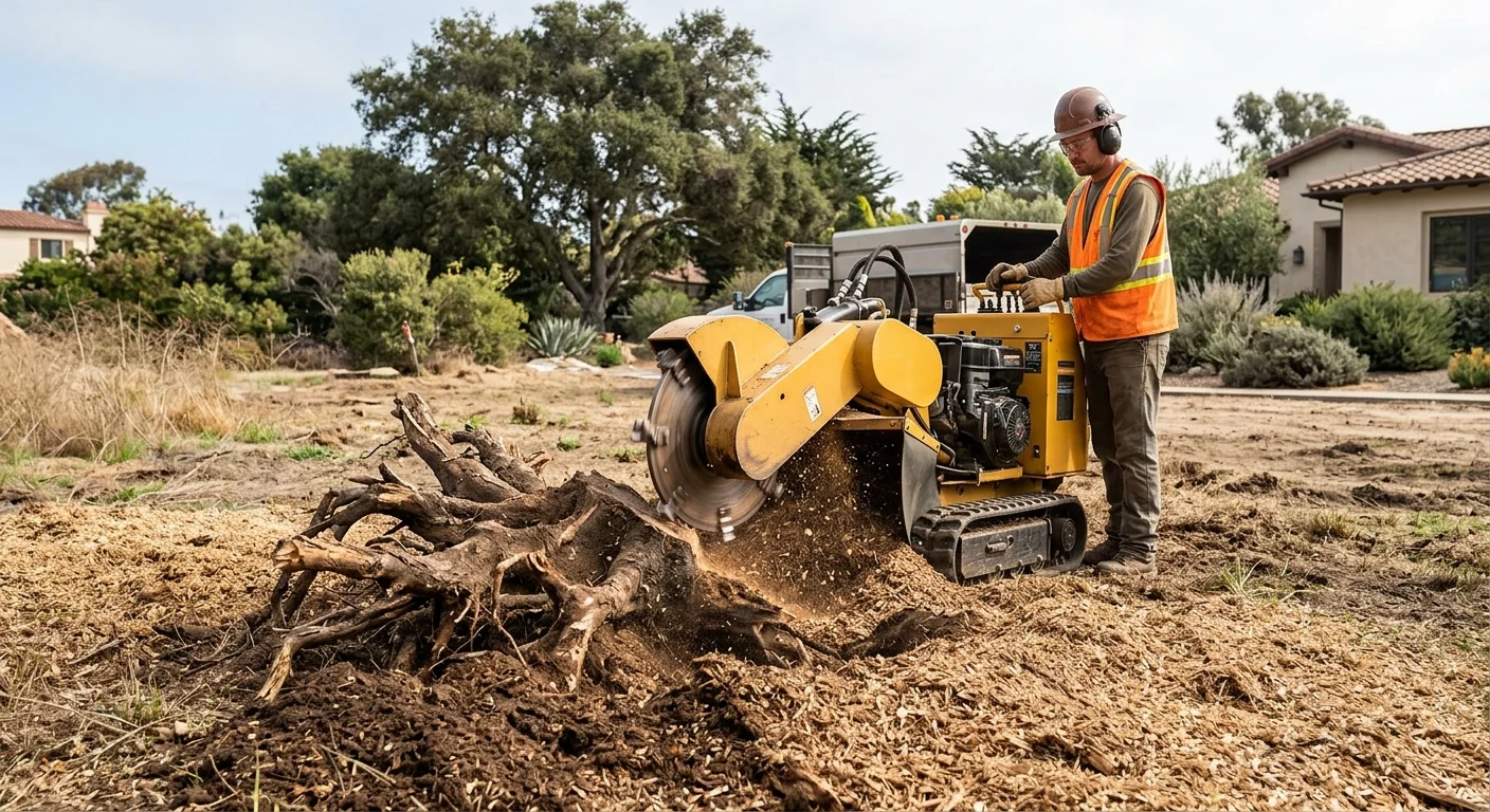 Stump grinder working through a large root system on a cleared lot