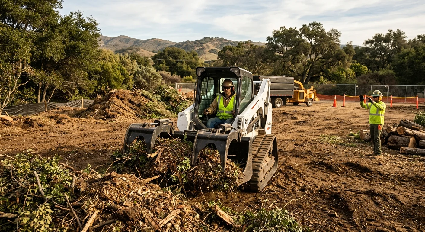 Heavy equipment moving green waste across a Carpinteria clearing site