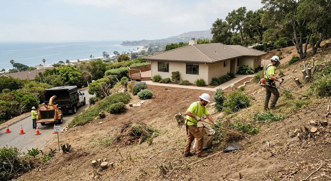 Finished defensible-space buffer cleared around a hillside home