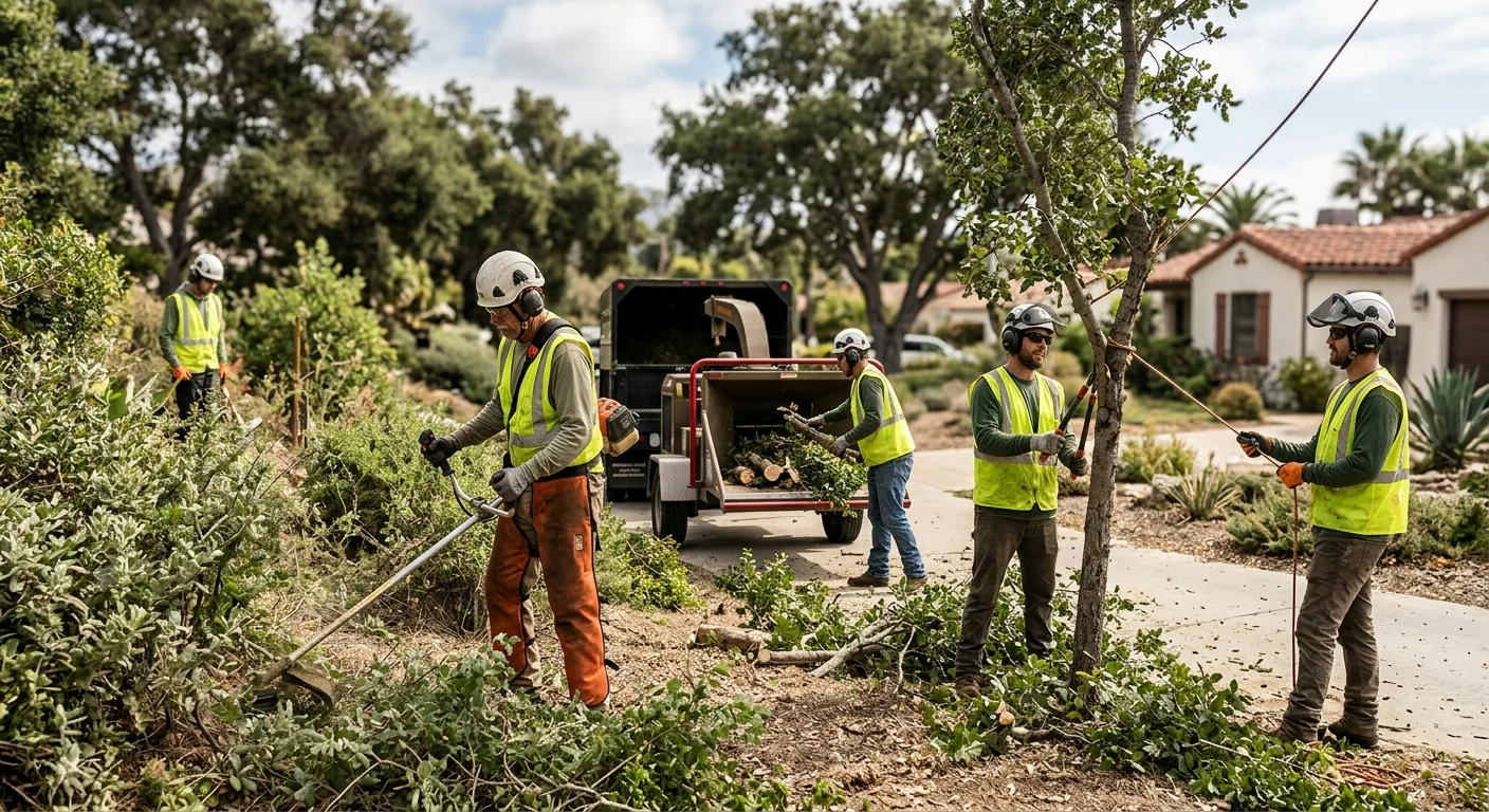 Crew clearing brush and small trees on a Carpinteria residential lot