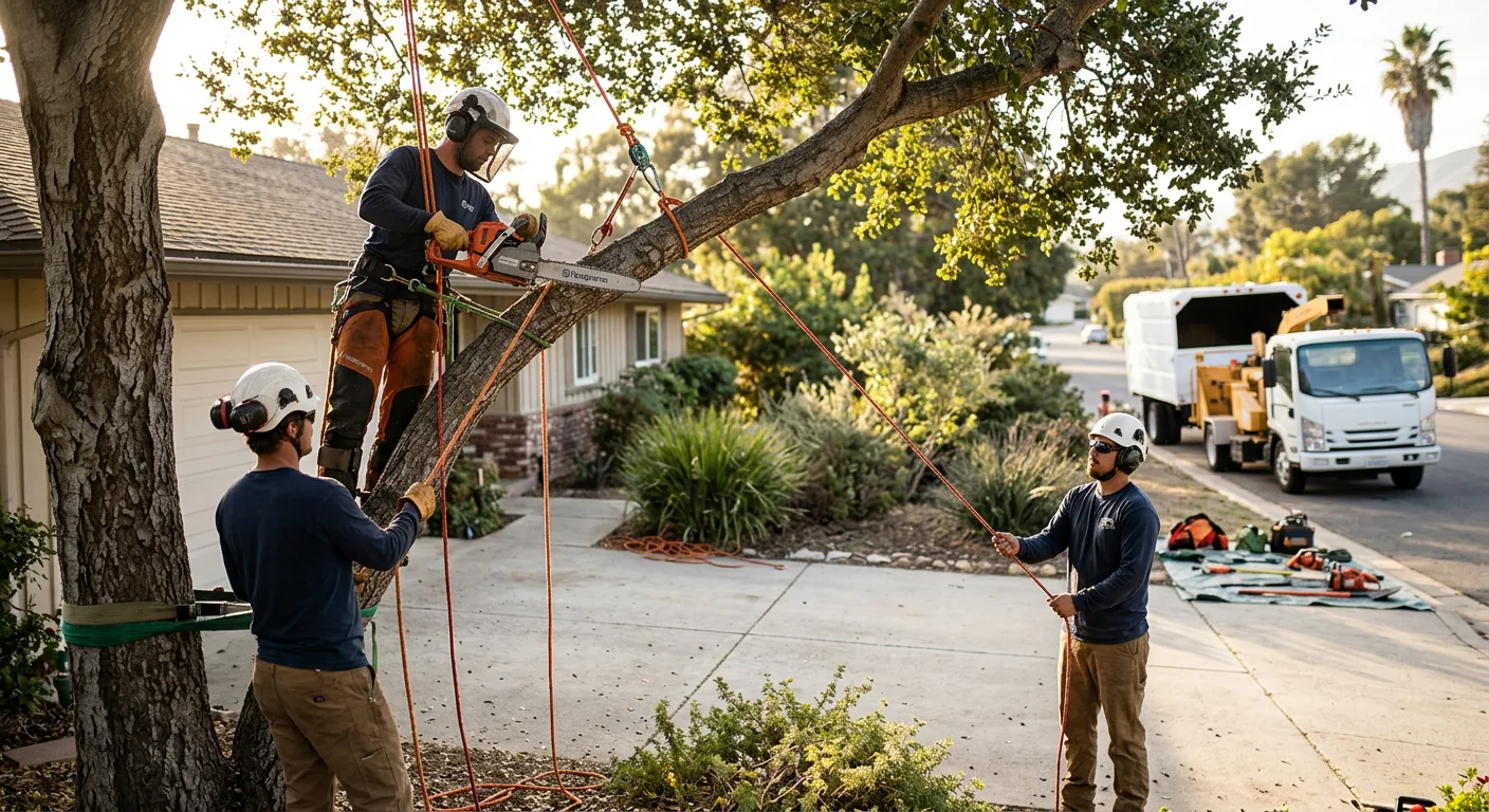 Trained crew clearing storm-damaged tree branches from a Carpinteria residential yard